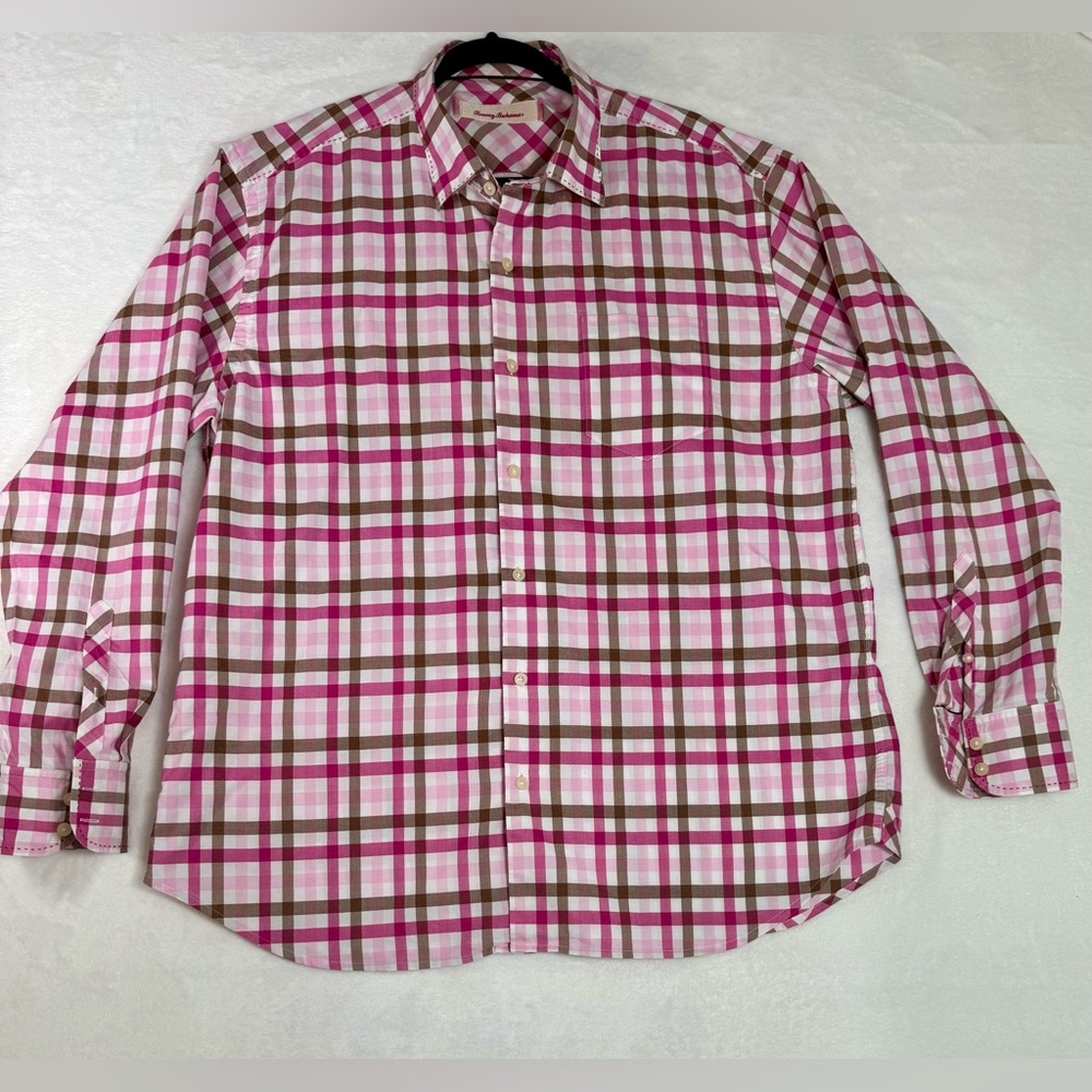 Men’s Tommy Bahama pink brown and white plaid button-down shirt size XL Easter